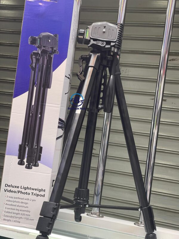 Deluxe Video & Photo Tripod – Strong Adjustable Stand (1.7m) with Stability Hook & Bag